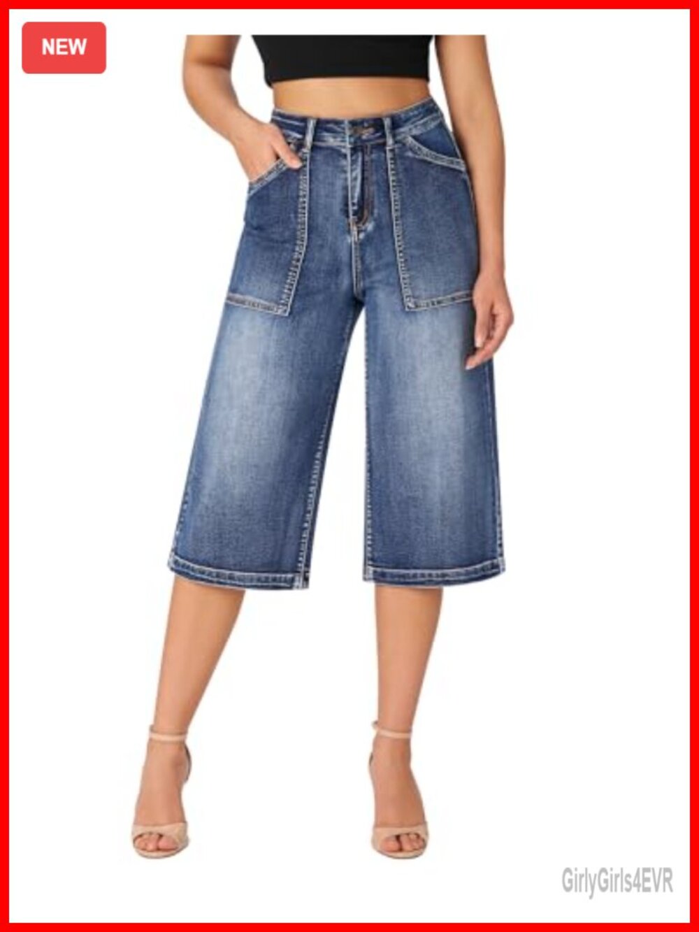 Wide Leg Capri Jeans High Rise Stretchy Denim Palazzo Pants